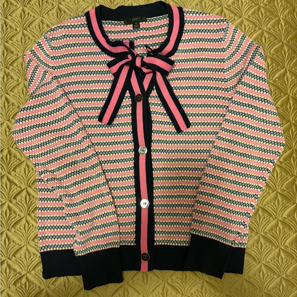 Pink and Black Women's Sweater with Bow Detail - J Crew Cardigan